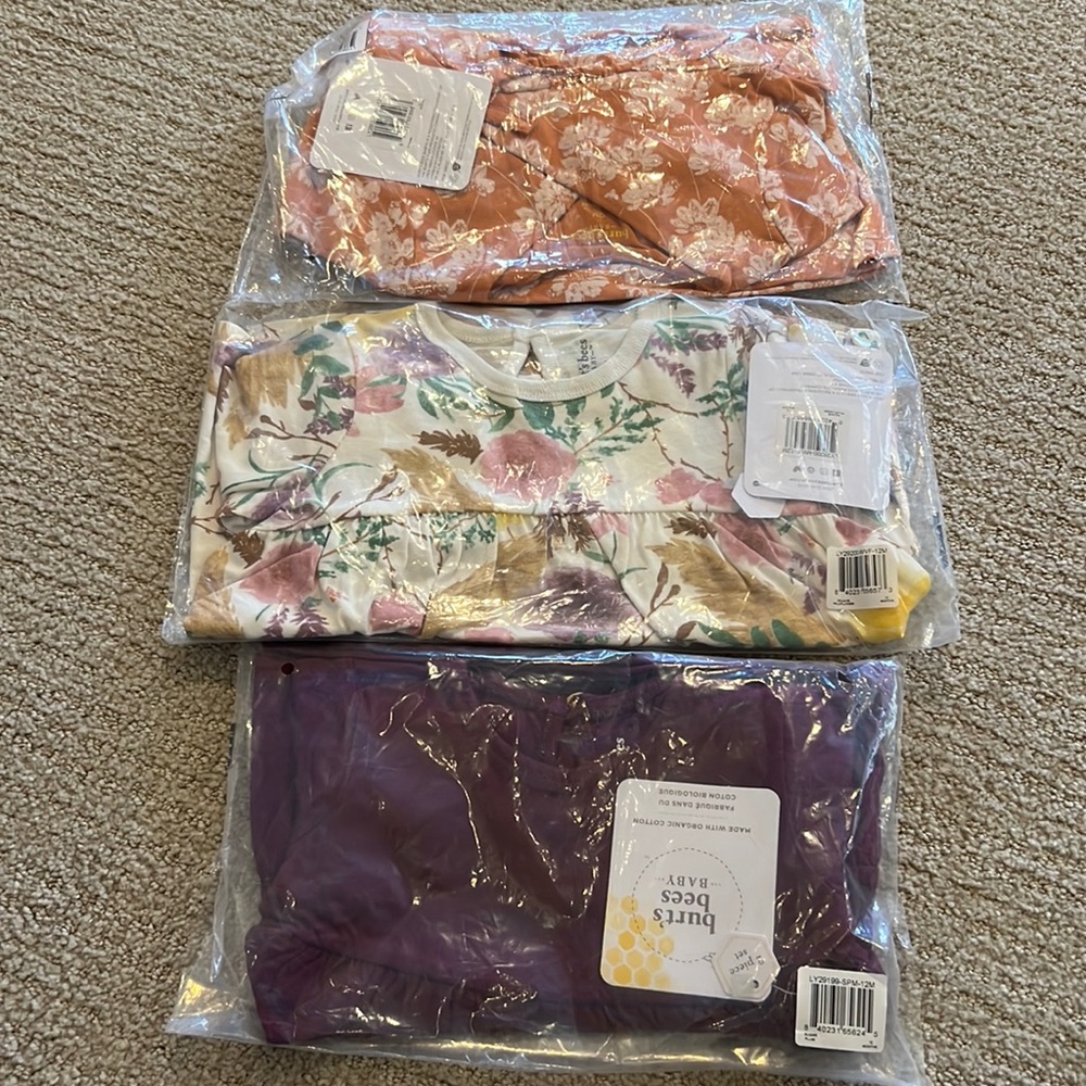 Three Sets of Burt’s Bees Baby Girl Outfits (in packaging!!) 12 month